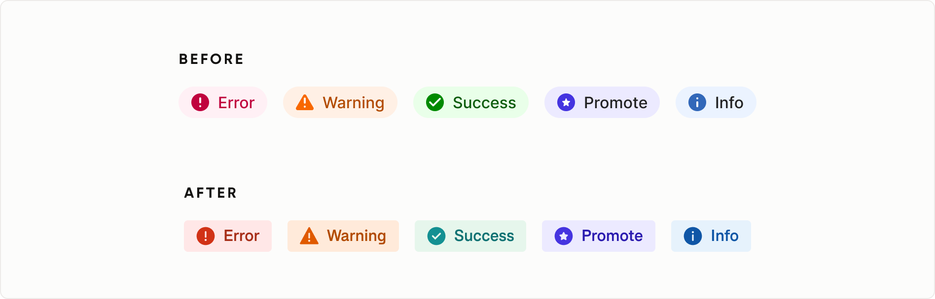Badge components changing from fully rounded shapes to 4px corners to distinguish informational elements from interactive controls