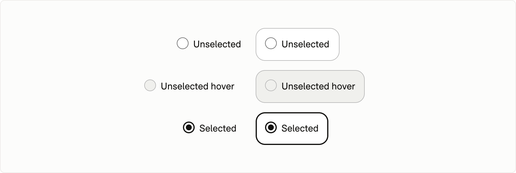 Selection controls showing unselected, hover, and selected states using shape, stroke, fill, iconography, and contrast