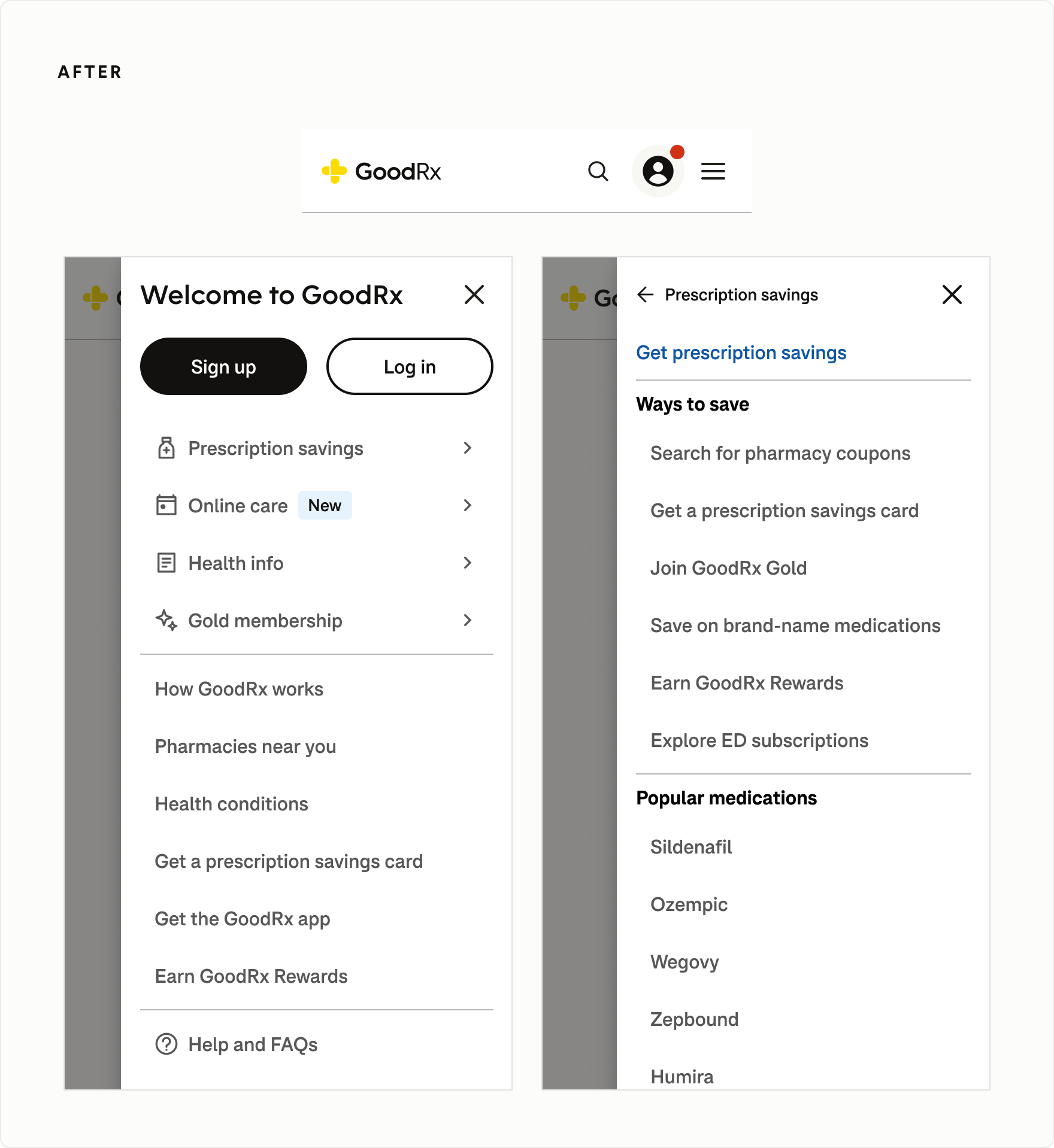 Mobile Universal Navigation showing consistent product hierarchy and terminology across menu states