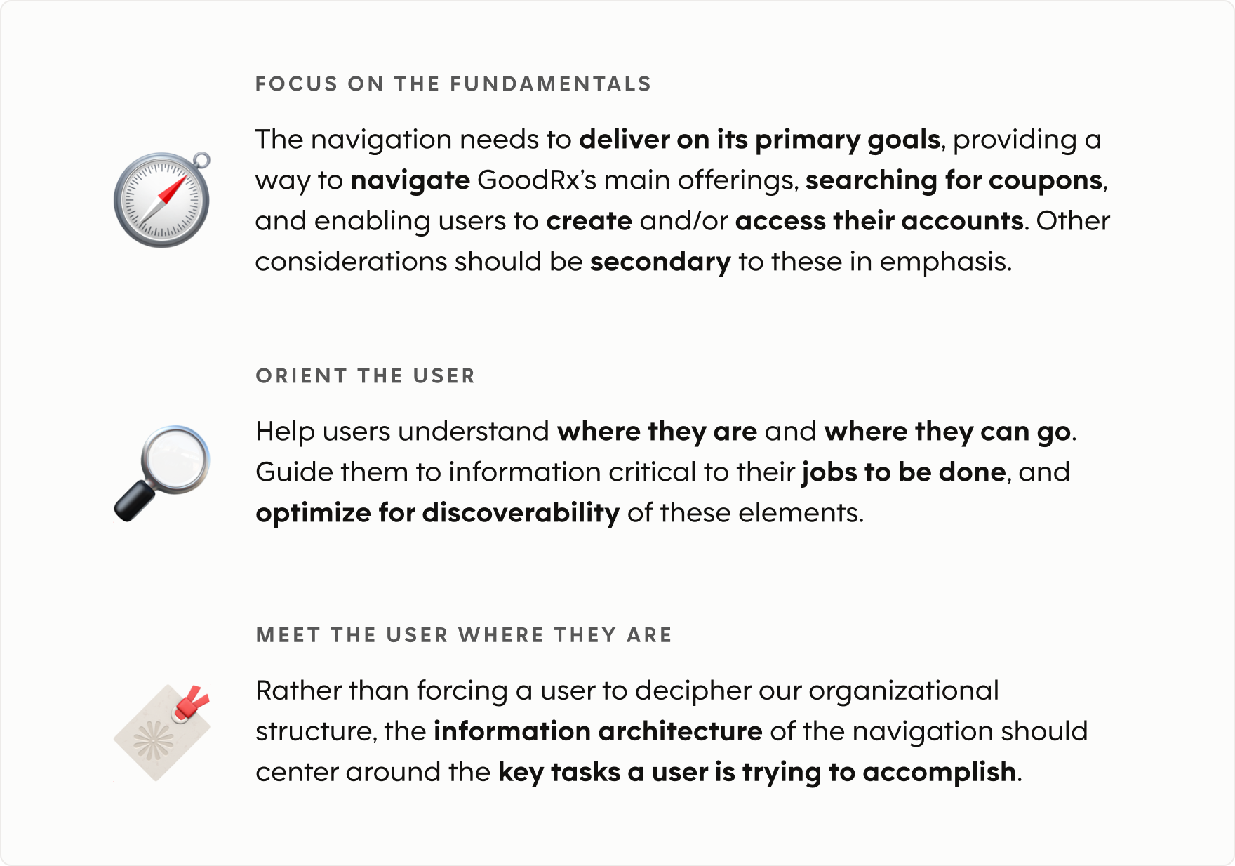 Universal Navigation design tenets focused on fundamentals, user orientation, and organizing information around user tasks