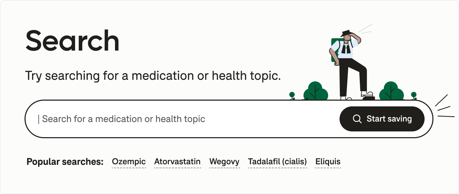 Reusable GoodRx search pattern with medication and health topic search, popular searches, and a primary action