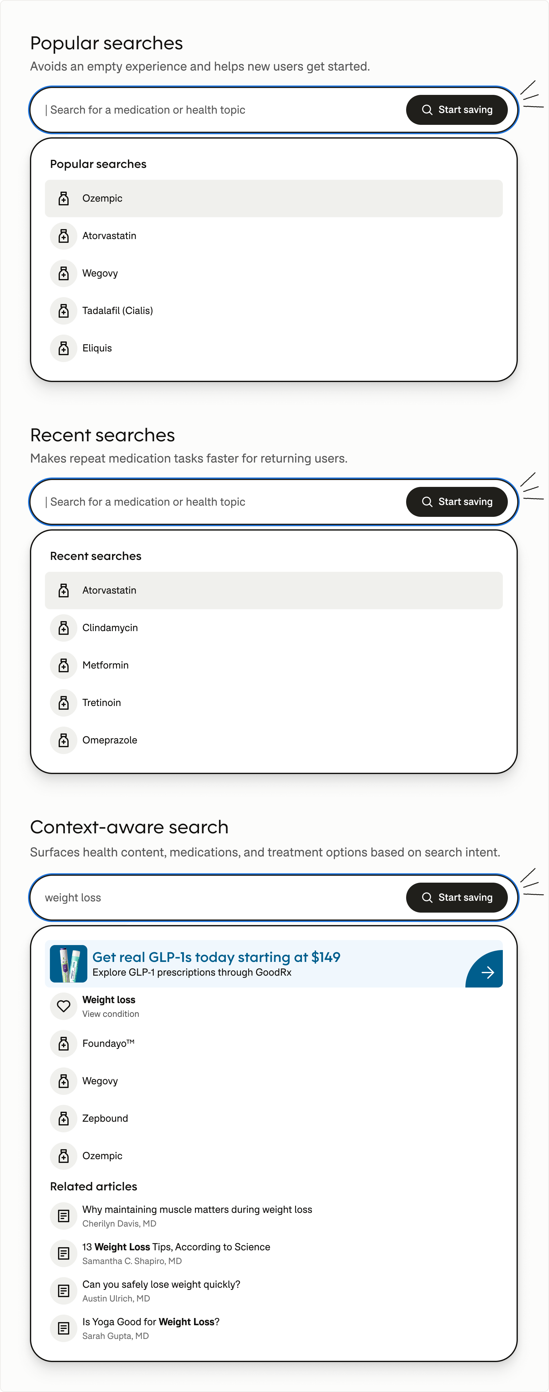 Search component examples showing popular searches, recent searches, and context-aware results that combine medication suggestions with health editorial content.