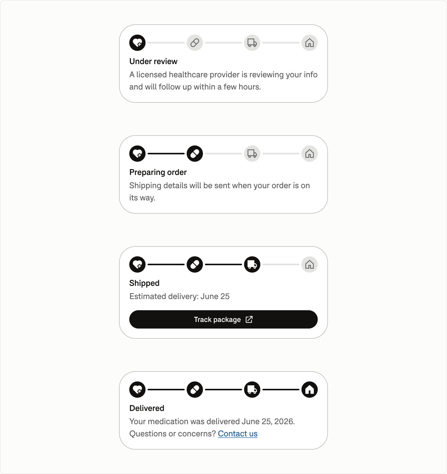 Medication status tracker showing under review, preparing order, shipped, and delivered fulfillment stages