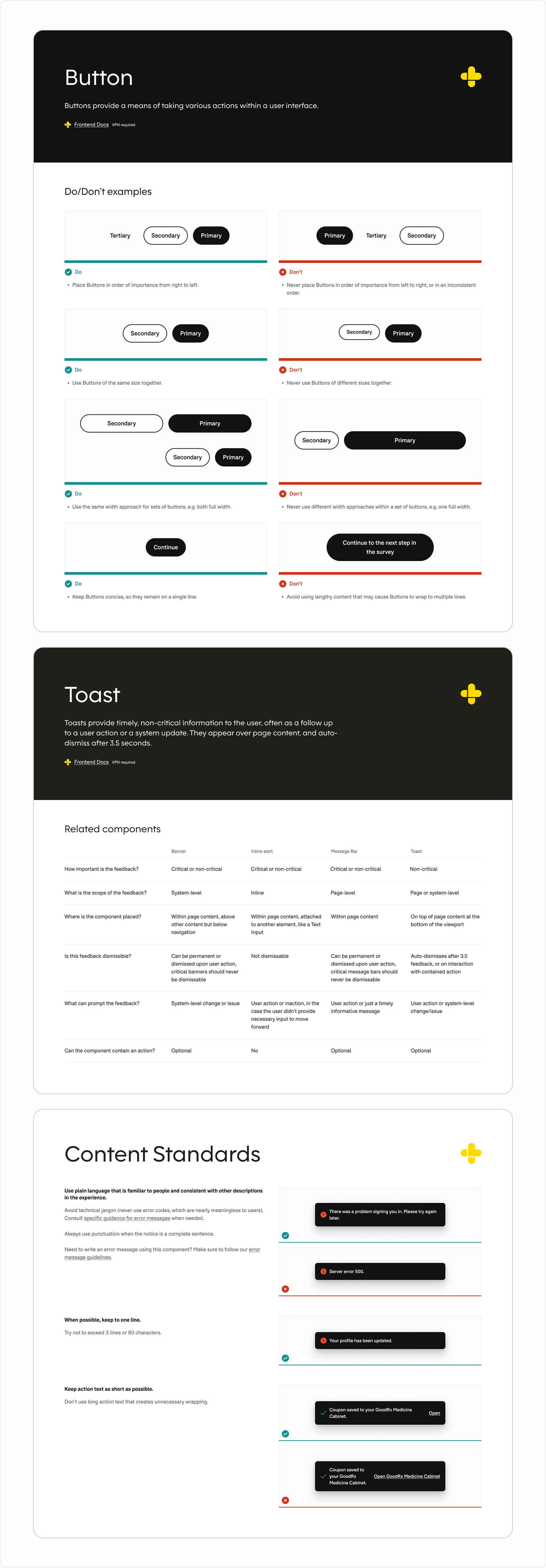 GoodRx design system guidance showing best practices, component comparisons, content standards, and standardized error messaging