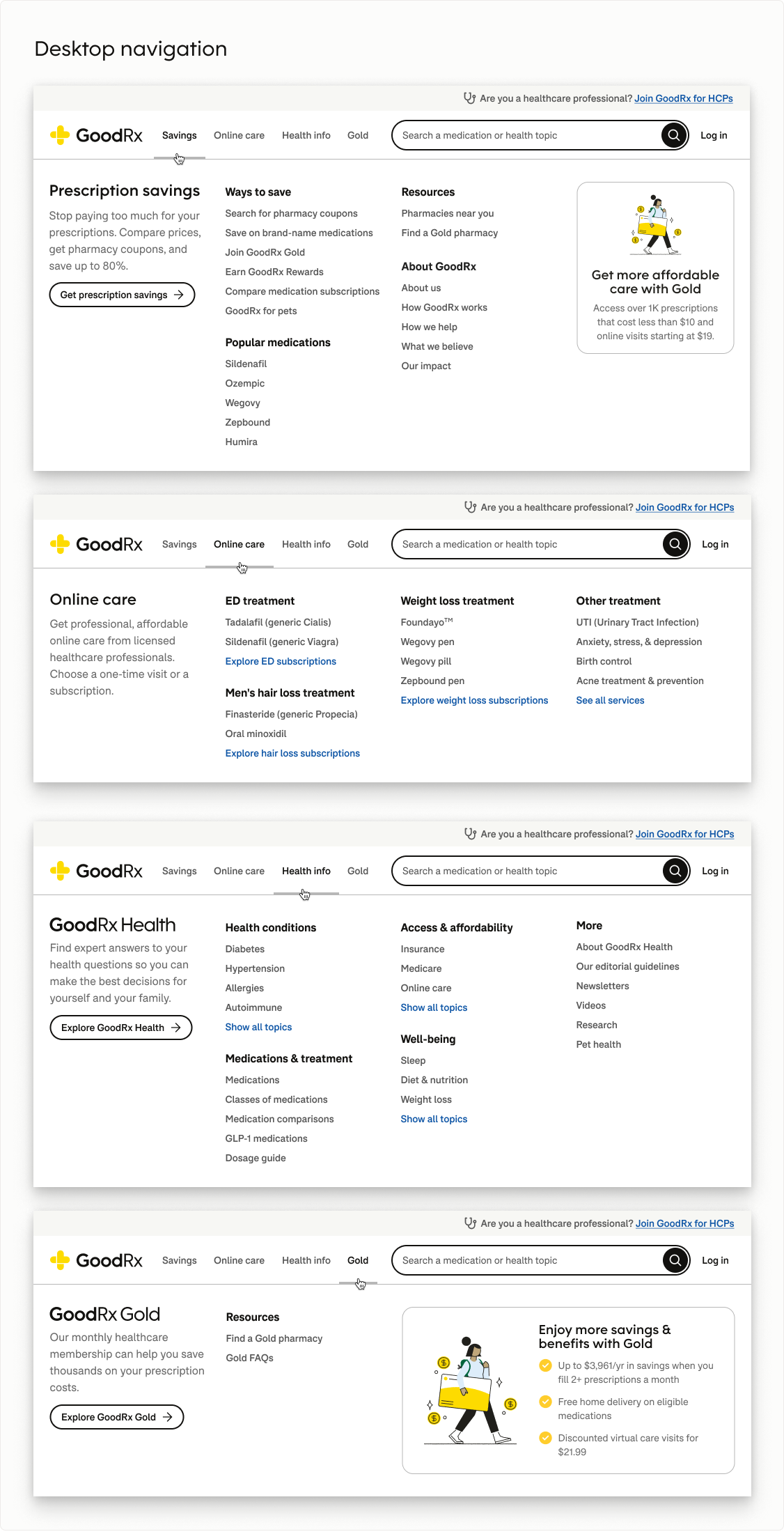 Desktop Universal Navigation showing expanded mega menus for Prescription Savings, Online Care, Health Info, and Gold, with organized links to medications, healthcare services, and supporting resources.