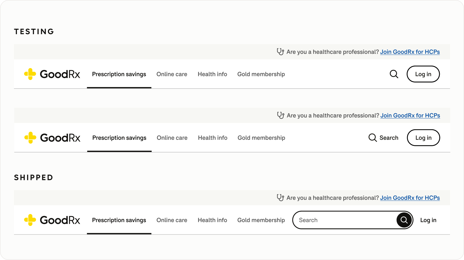 Comparison of three GoodRx desktop navigation designs showing Search evolving from a magnifying glass icon to a labeled Search control, and finally to a prominent search field in the shipped design to improve discoverability.
