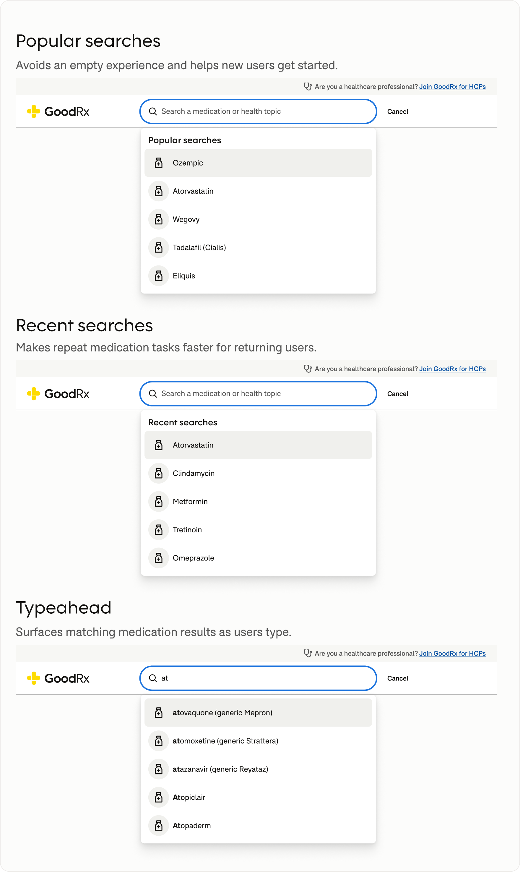 Three GoodRx Search states showing popular medication searches for new users, recent medication searches for returning users, and typeahead suggestions displaying matching medications as a user enters a query.