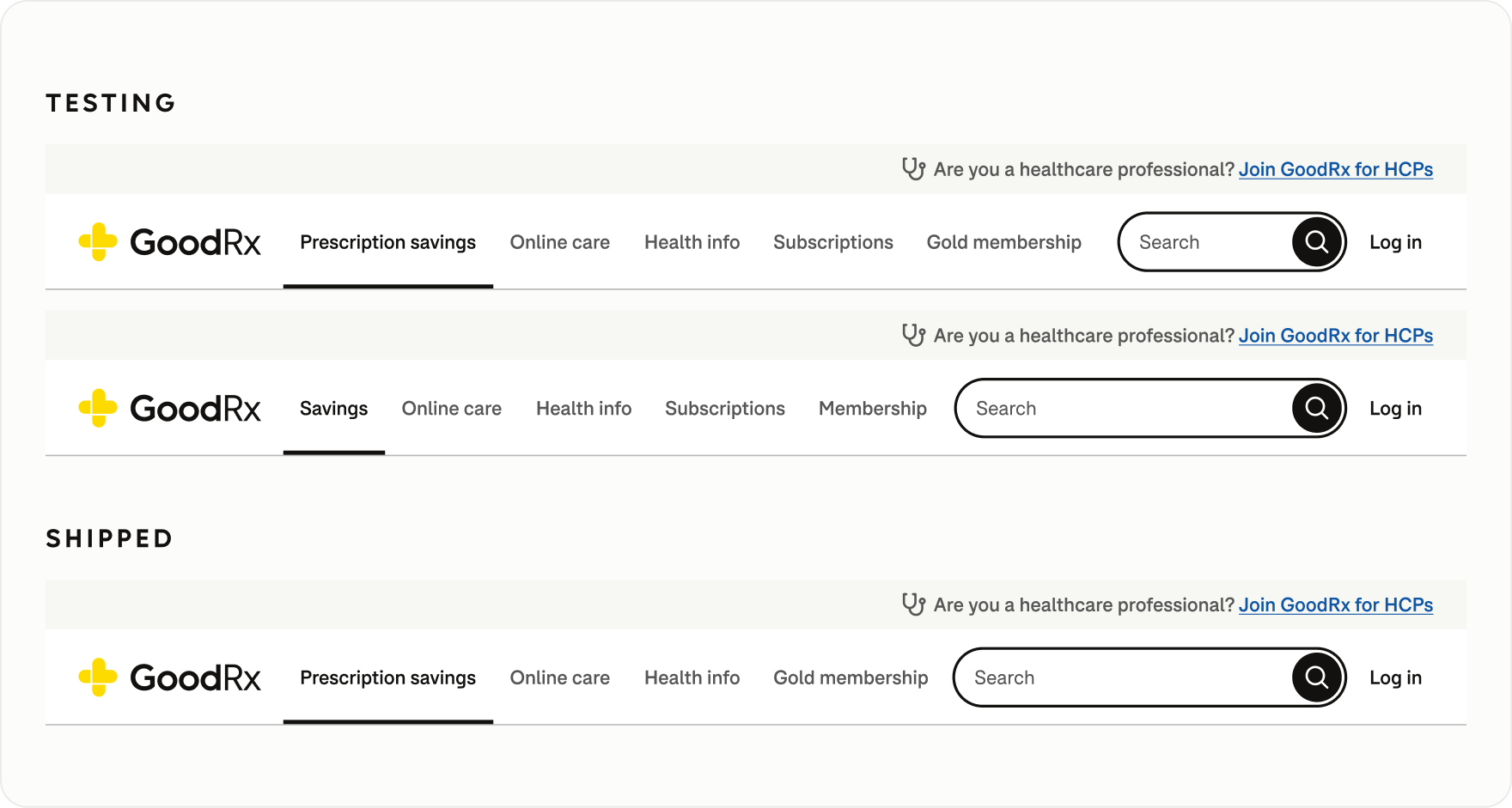 Comparison of tested GoodRx navigation designs featuring a dedicated Subscriptions tab alongside Gold Membership, versus the shipped design without a top-level Subscriptions tab.
