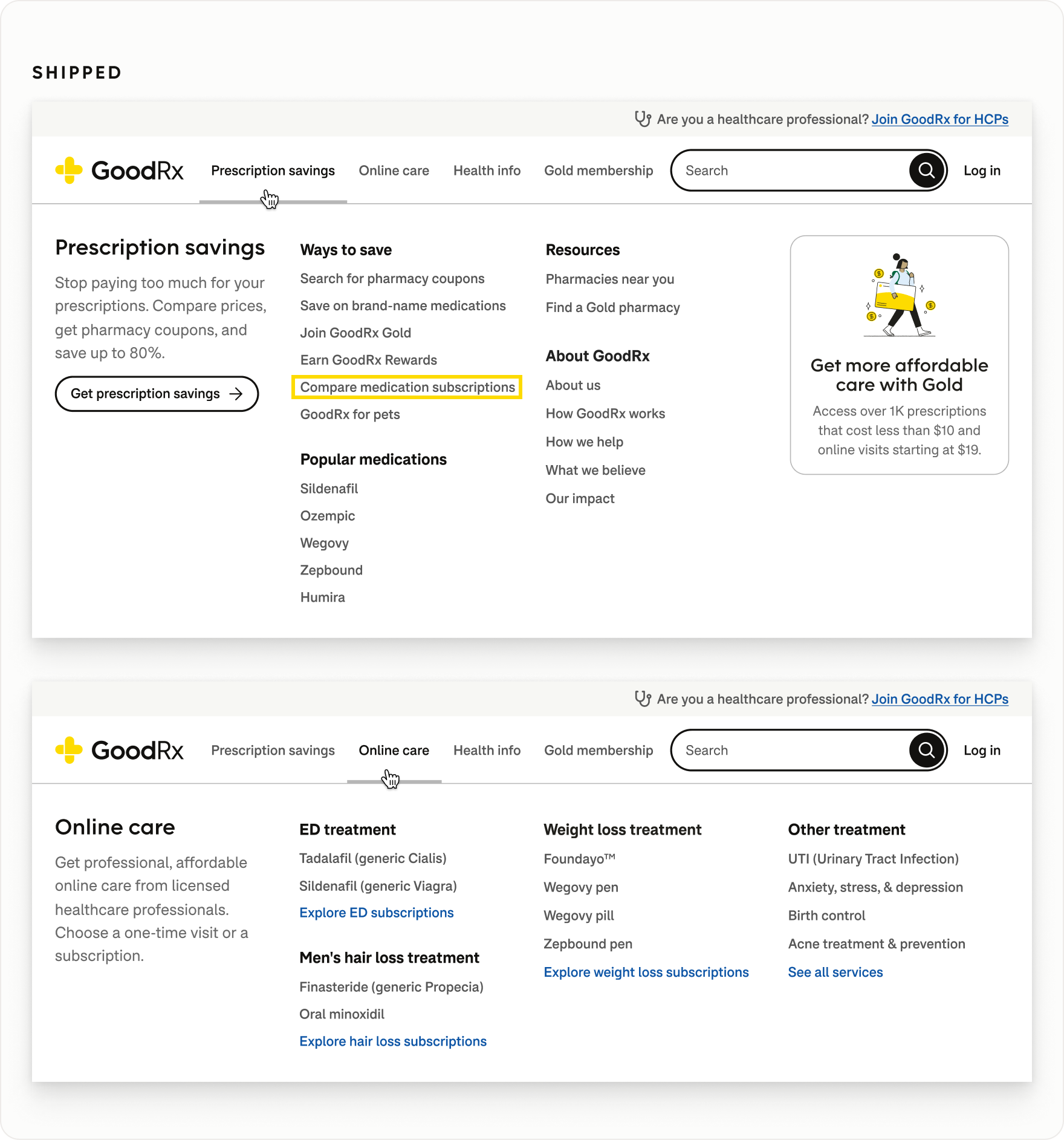 Shipped GoodRx mega menus showing medication subscriptions accessible through Prescription Savings and Online Care, including links to ED, hair loss, and weight loss treatment subscriptions.