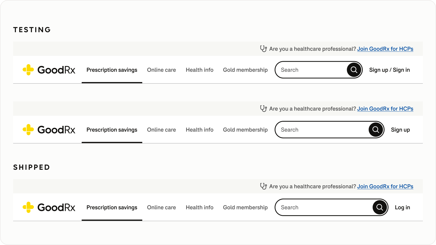 Evolution of GoodRx desktop account navigation, showing the tested Sign up / Sign in and Sign up labels, followed by the shipped Log in label.