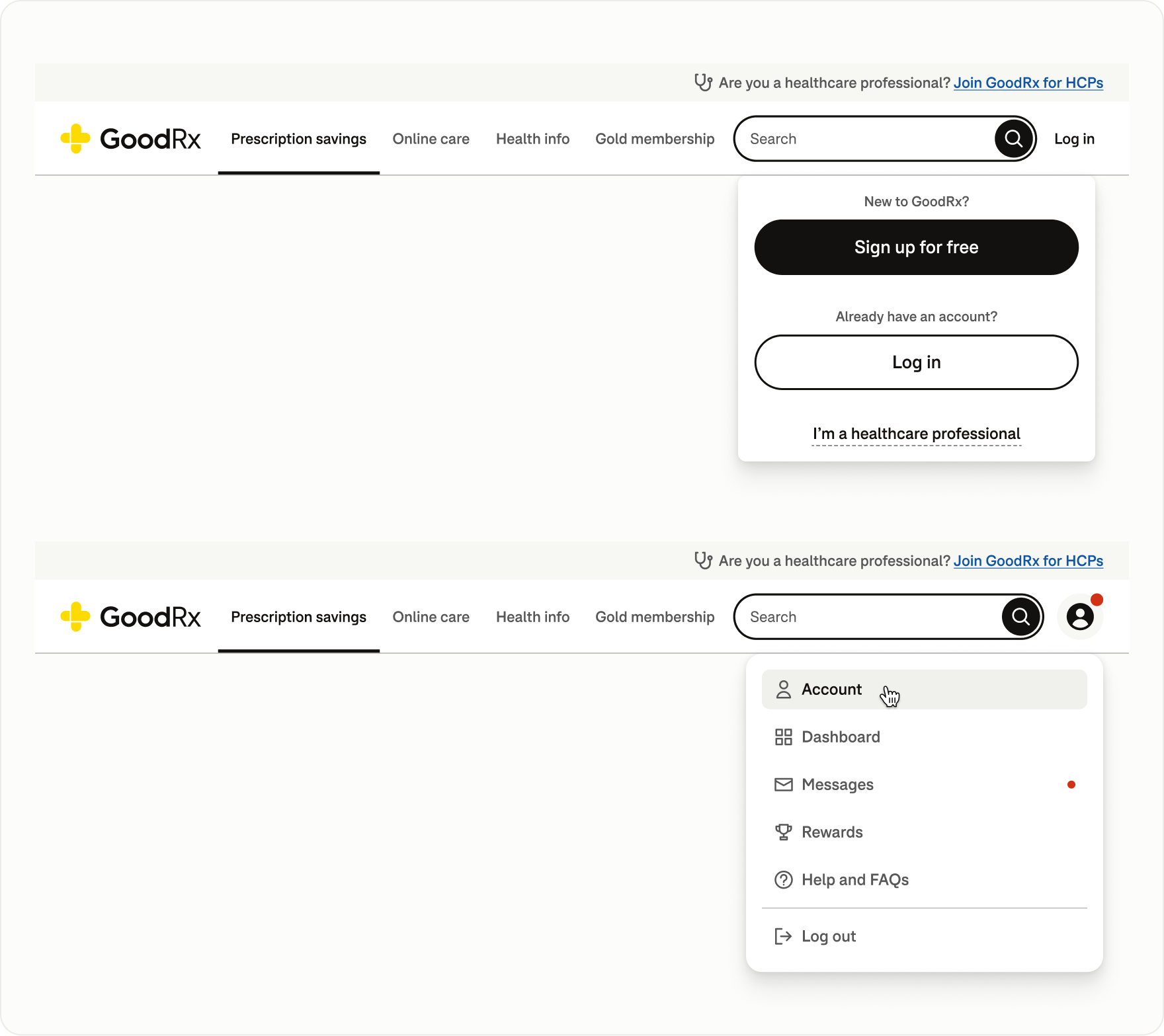 GoodRx desktop account dropdowns showing logged-out options for signing up, logging in, and accessing HCP services, alongside the authenticated account menu with links to Account, Dashboard, Messages, Rewards, Help and FAQs, and Log out.