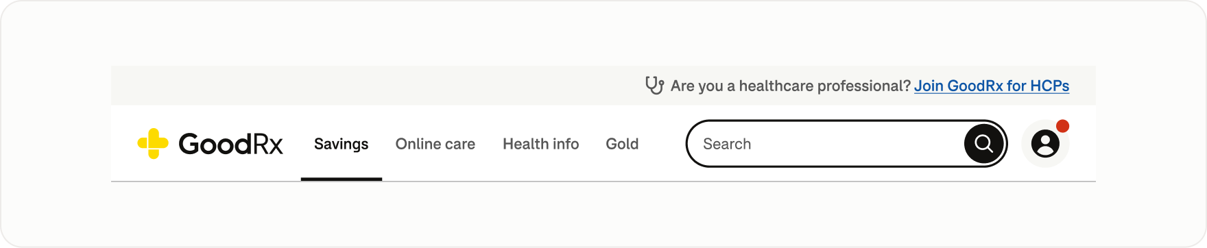 Responsive GoodRx desktop navigation with shortened labels, including “Savings” and “Gold,” to accommodate narrower screen widths while preserving Search, Account, and healthcare professional access.